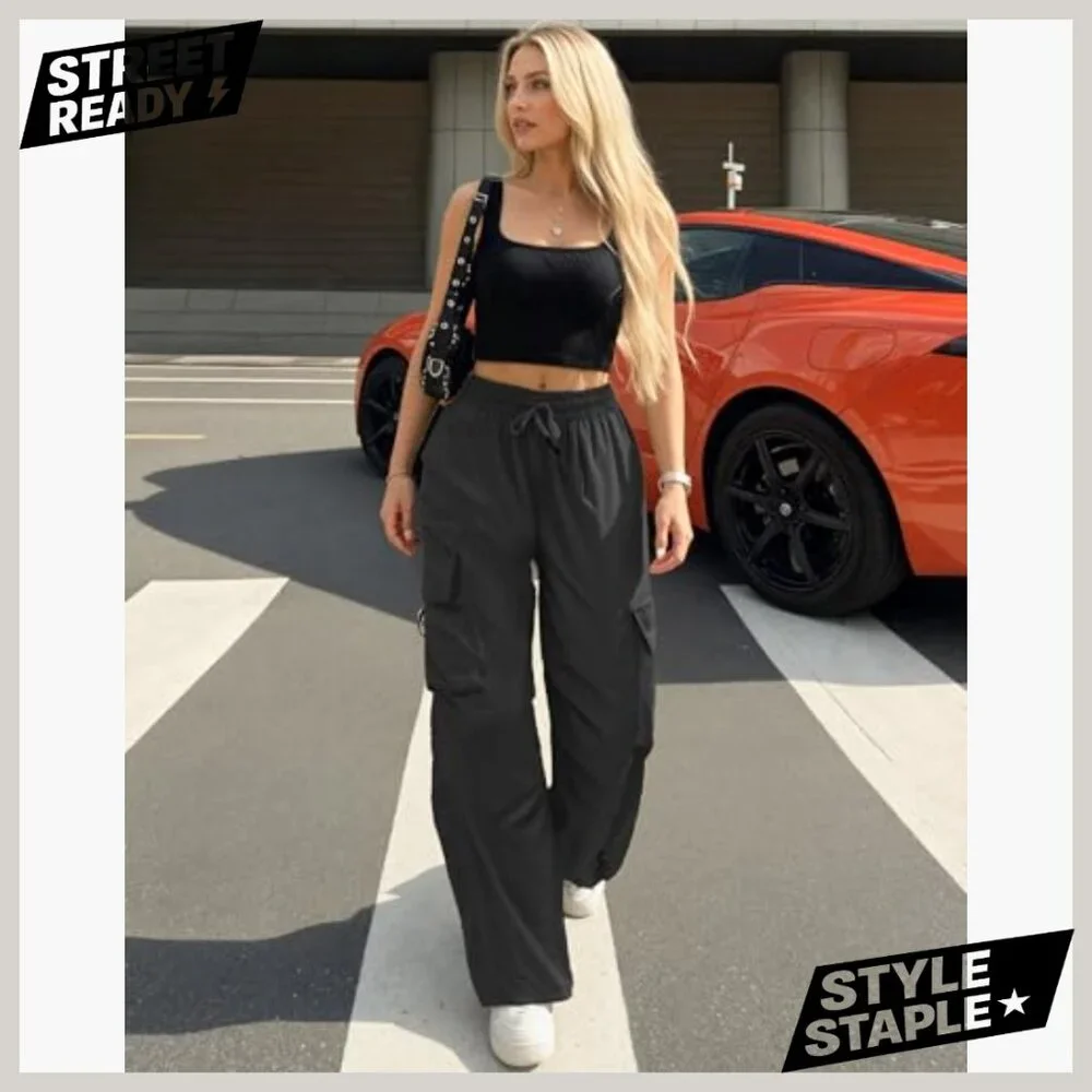 High Waisted Parachute Cargo Pants with 6 Pockets Quick Dry Water-Resistant - Picture 2 of 7